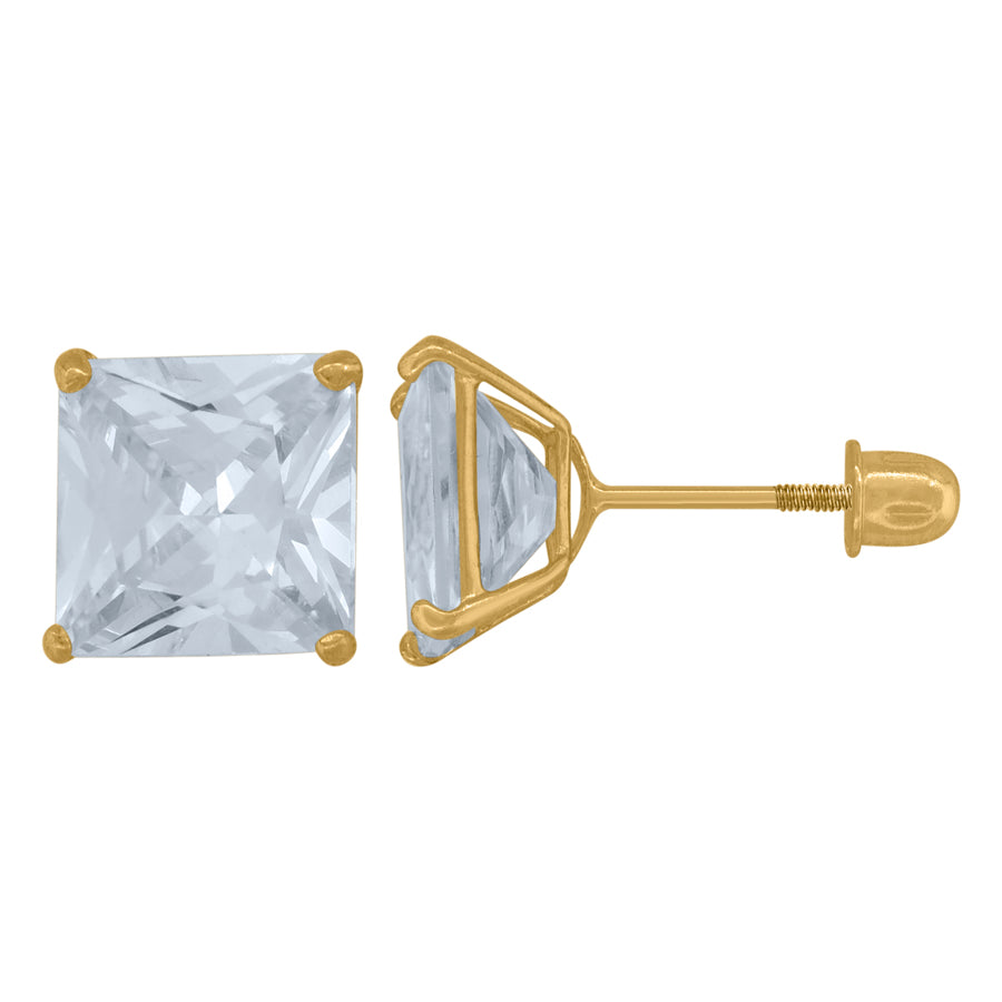 14Kt Gold 7mm Square Cz Stud Earring Screwback