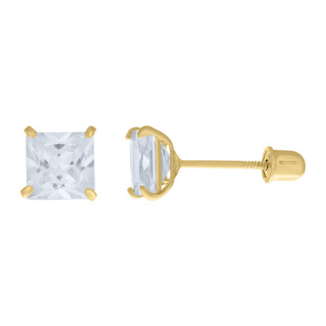 14Kt Gold 5mm Square Cz Stud Earring Screwback