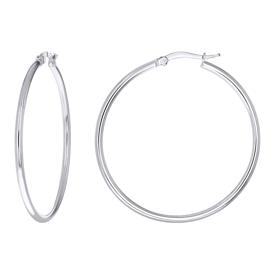 925 Sterling Silver Tube Hoop Earrings 2mm-35-Rhodium