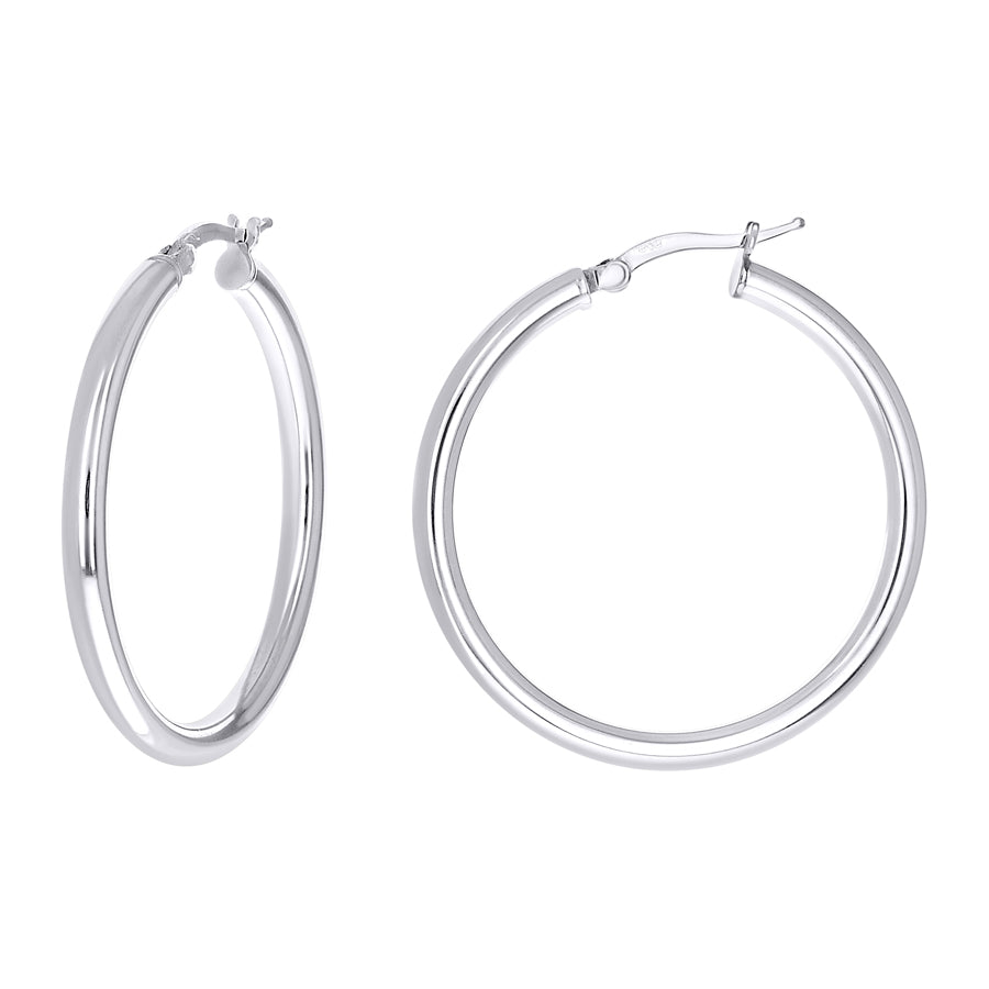 925 Sterling Silver Tube Hoop Earrings 3mm-30-Rhodium