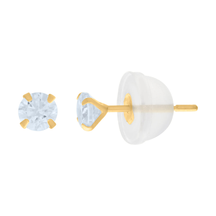 14Kt 3mm Round Cz Stud Prong Earring W/ Silicone Backing