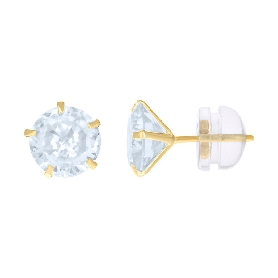 14Kt 7mm Round Cz Stud Prong Earring W/ Silicone Backing