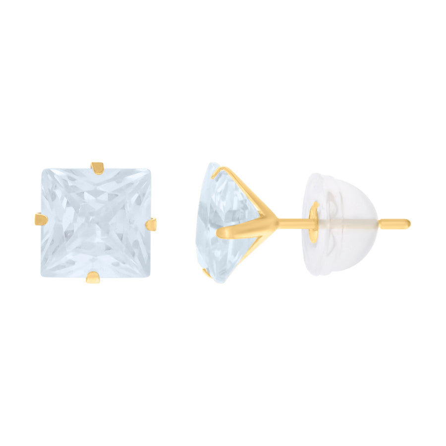 14Kt 6mm Square Cz Stud Prong Earring W/ Silicone Backing