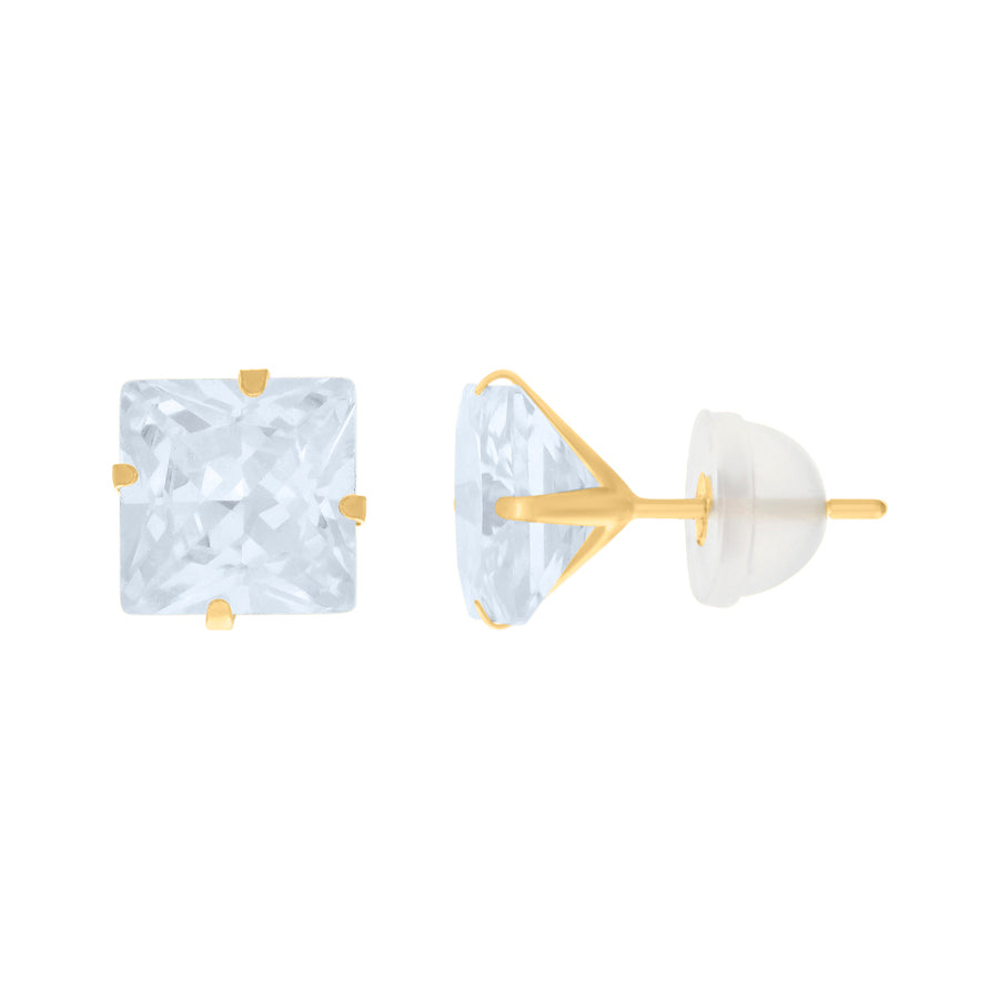 14Kt 7mm Square Cz Stud Prong Earring W/ Silicone Backing