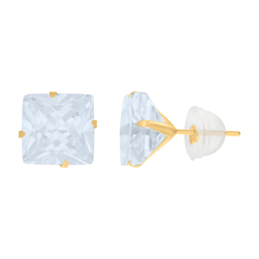 14Kt 8mm Square Cz Stud Prong Earring W/ Silicone Backing