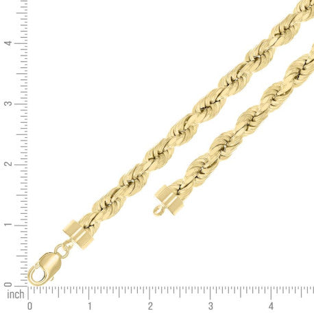 925 Sterling Silver Hollow Rope Chain Yellow 190 10mm