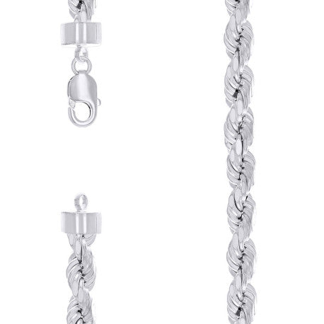 925 Sterling Silver Hollow Rope Chain Rhodium 190 10mm