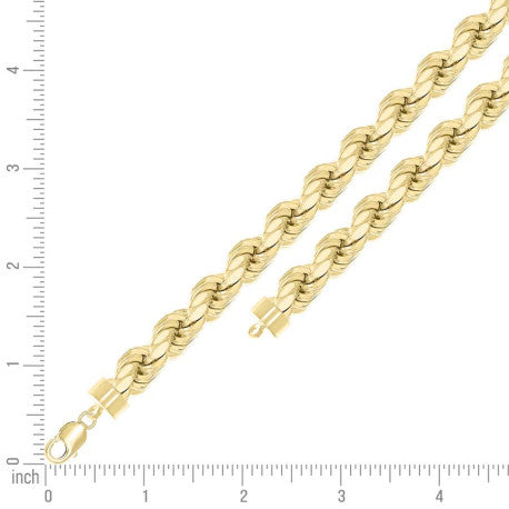 925 Sterling Silver Hollow Rope Chain Yellow 210 11mm