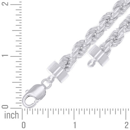 925 Sterling Silver Hollow Rope Chain Rhodium 150 7.5mm