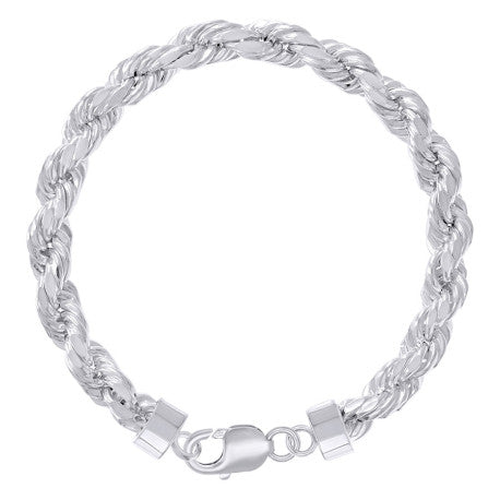 925 Sterling Silver Hollow Rope Chain Rhodium 150 7.5mm