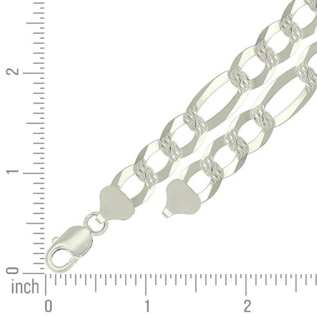 925 Sterling Silver Pave Super Flat Figaro Chain Silver 300 11.5mm