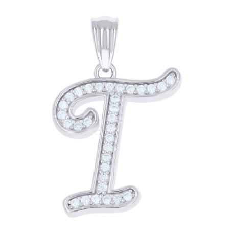 925 Sterling Silver Cz Initial "T" Pendant