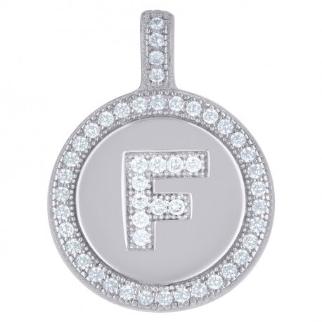 925 Sterling Silver Cz Pendant Disc Initial F