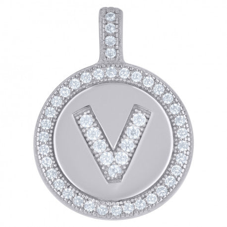 925 Sterling Silver Cz Pendant Disc Initial V