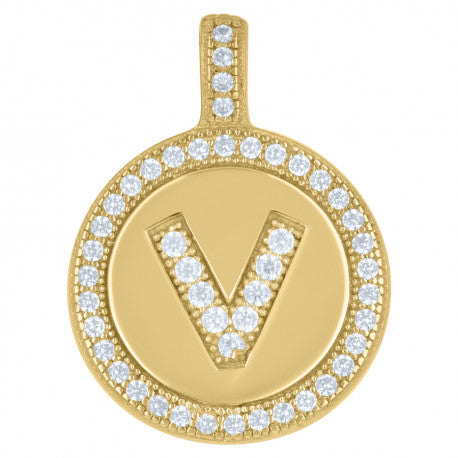 925 Sterling Silver Cz Pendant Disc Initial V