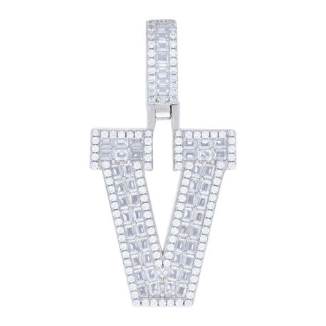 925 Sterling Silver Initial Cz Pendant "V"
