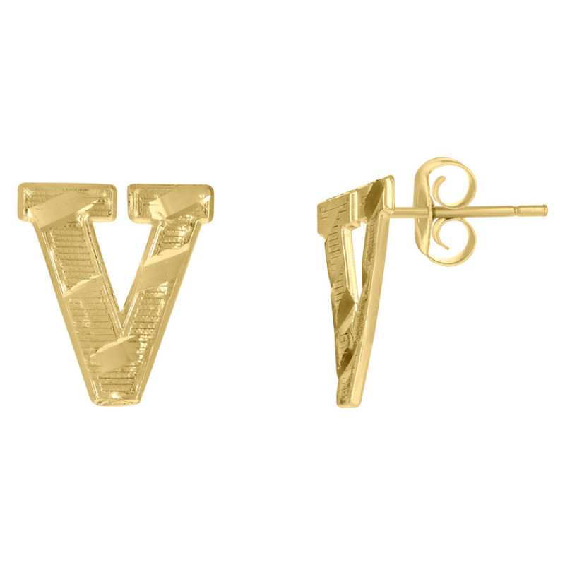 Yellow Gold Roman Initial Letter V Diamond Cut Pendant