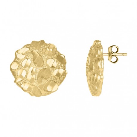 14K Yellow Gold Hammered Diamond Cut Button Stud Earrings - Butterfly Lock