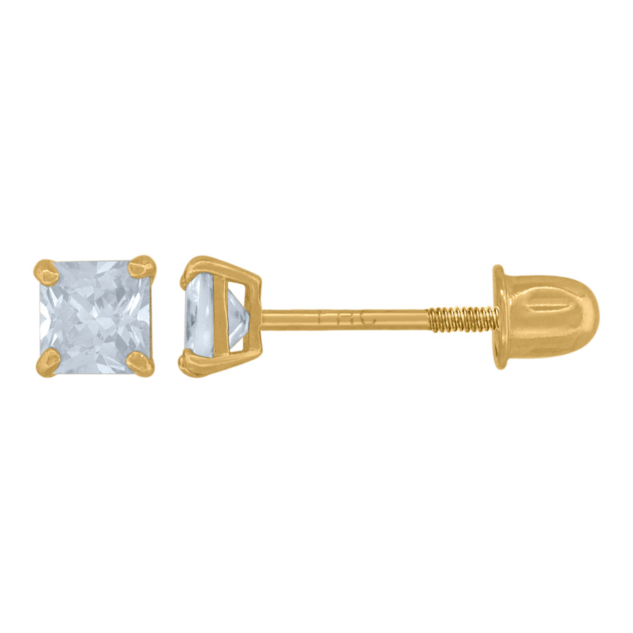 14Kt Gold 3mm Square Cz Stud Earring Screwback