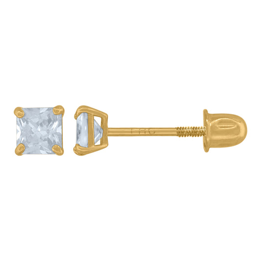14Kt Gold 3mm Square Cz Stud Earring Screwback