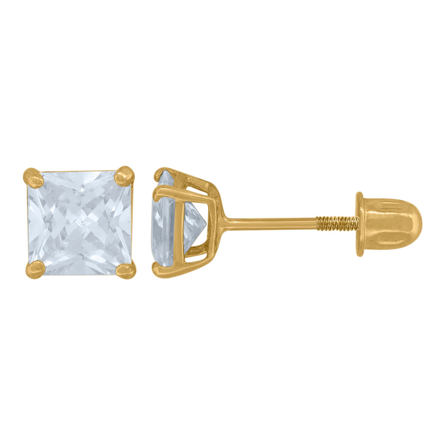 14Kt Gold 4mm Square Cz Stud Earring Screwback