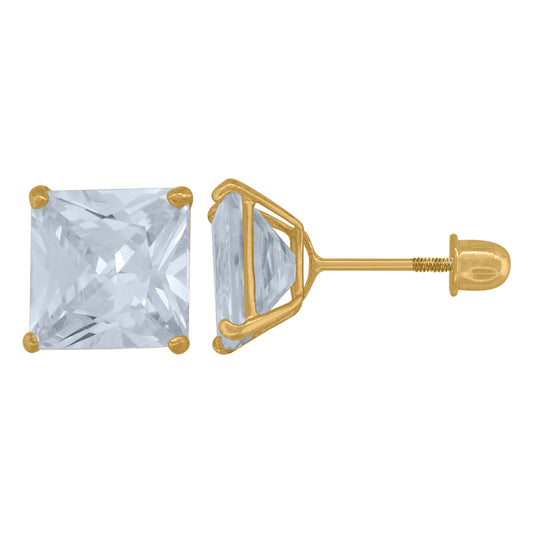 14Kt Gold 7mm Square Cz Stud Earring Screwback