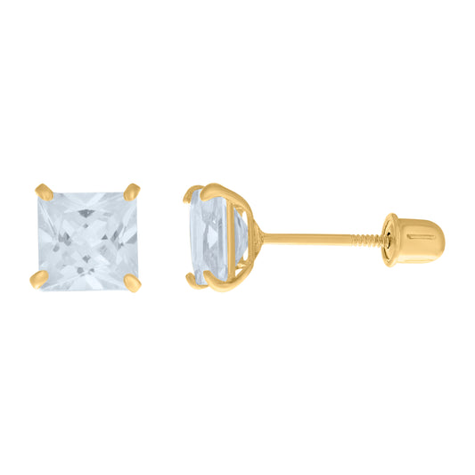 14Kt Gold 5mm Square Cz Stud Earring Screwback