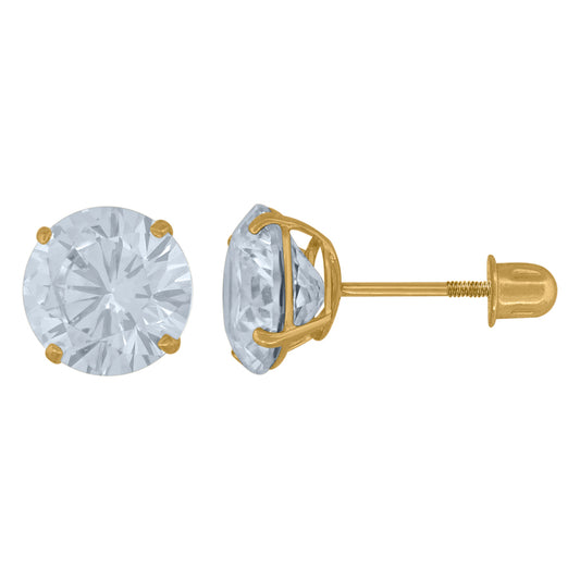 14Kt Gold 7mm Round Cz Stud Earring Screwback
