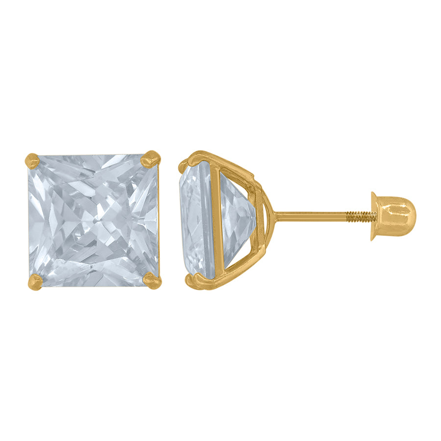 14Kt Gold 8mm Square Cz Stud Earring Screwback