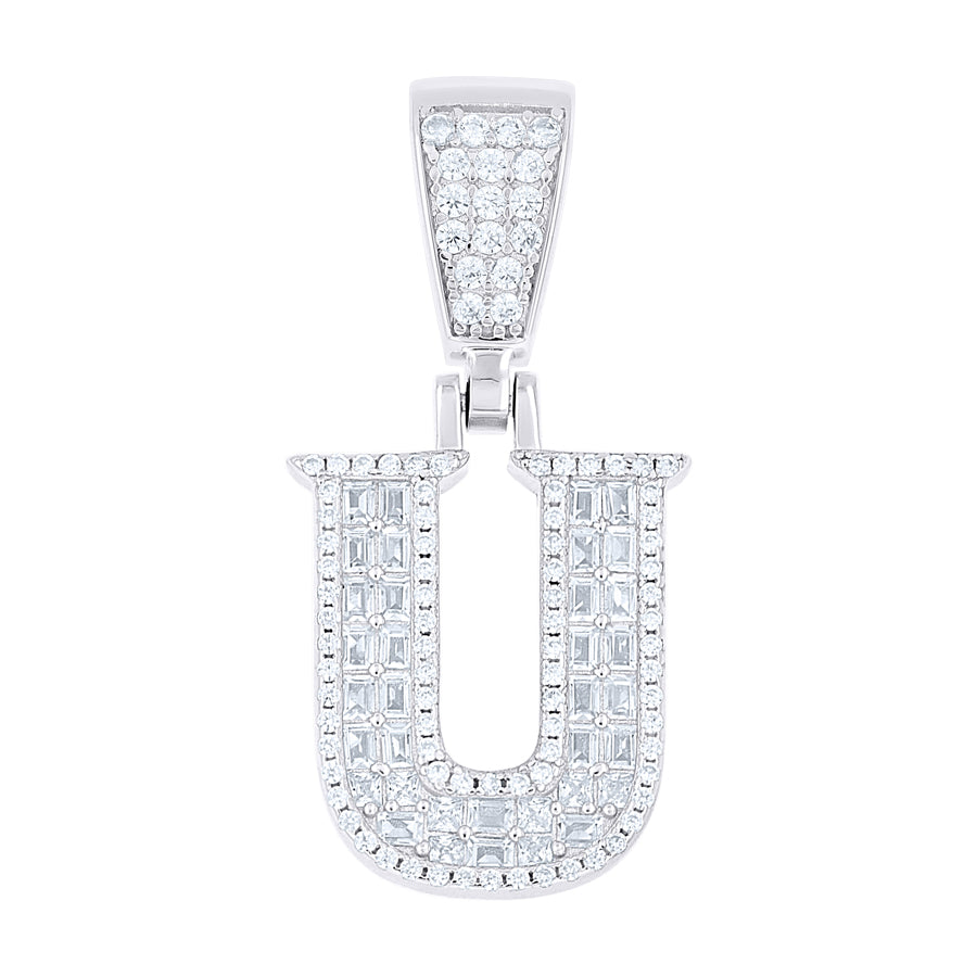 925 Sterling Silver Cz Pendant Initial Letter "U"
