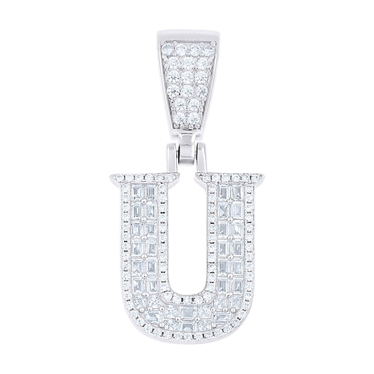 925 Sterling Silver Cz Pendant Initial Letter "U"