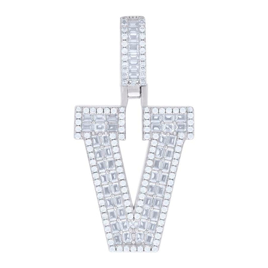 925 Sterling Silver Initial Cz Pendant "V"
