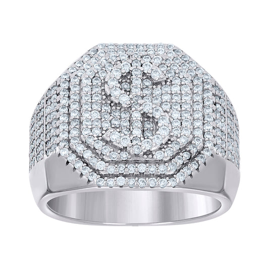 925 Sterling Silver Mens 1.58ct Moissanite Octagon Head Dollar Sign Currency Ring