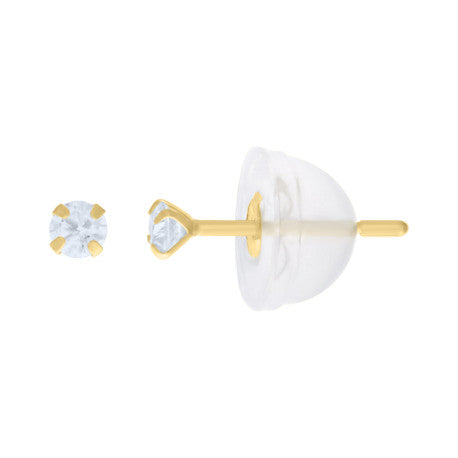 14Kt 2mm Round Cz Stud Prong Earring W/ Silicone Backing