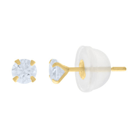 14Kt 3mm Round Cz Stud Prong Earring W/ Silicone Backing