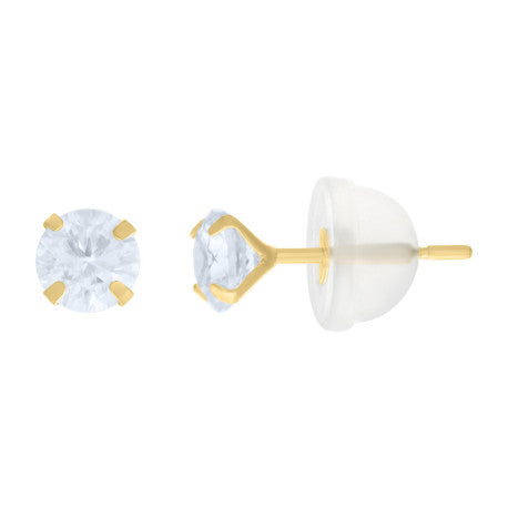 14Kt 4mm Round Cz Stud Prong Earring W/ Silicone Backing