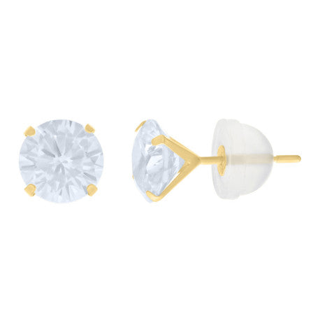 14Kt 6mm Round Cz Stud Prong Earring W/ Silicone Backing