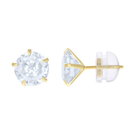 14Kt 7mm Round Cz Stud Prong Earring W/ Silicone Backing