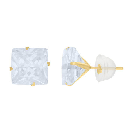 14Kt 8mm Square Cz Stud Prong Earring W/ Silicone Backing