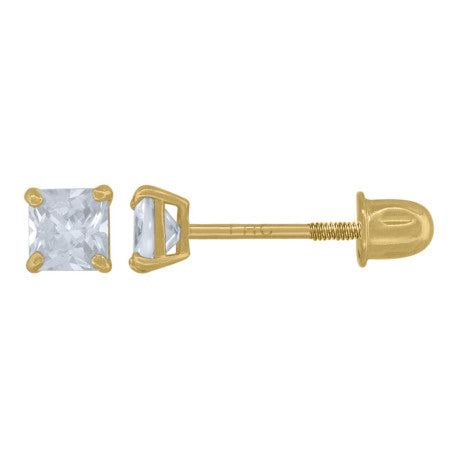 14Kt Gold 3mm Square Cz Stud Earring Screwback