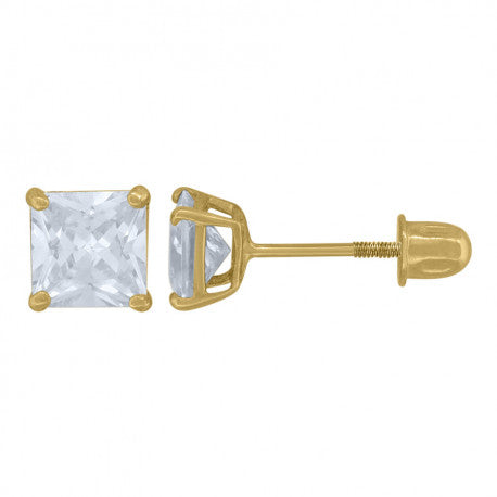 14Kt Gold 4mm Square Cz Stud Earring Screwback