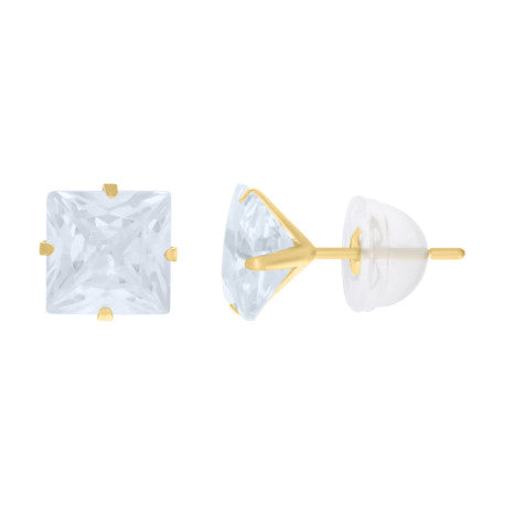 14Kt 6mm Square Cz Stud Prong Earring W/ Silicone Backing