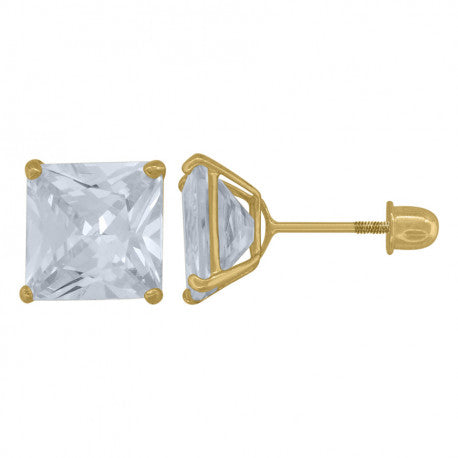14Kt Gold 7mm Square Cz Stud Earring Screwback