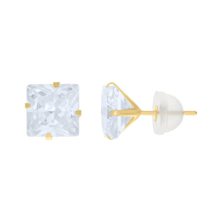 14Kt 7mm Square Cz Stud Prong Earring W/ Silicone Backing