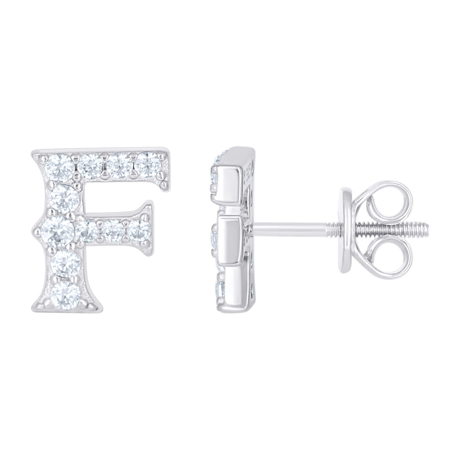 925 Sterling Silver Cz Initial "F" Earrings
