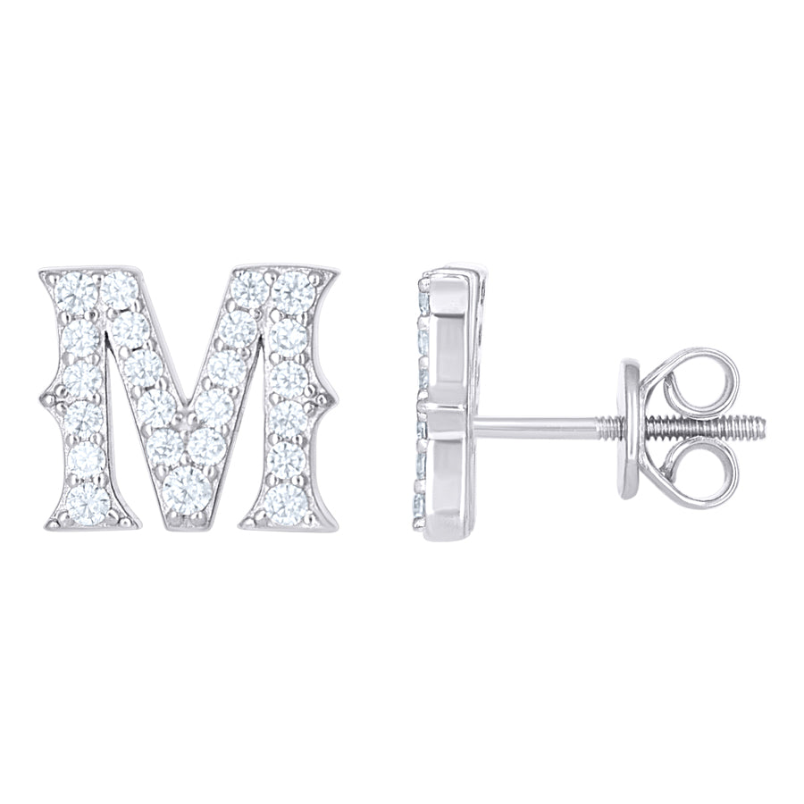 925 Sterling Silver Cz Initial "M" Earrings