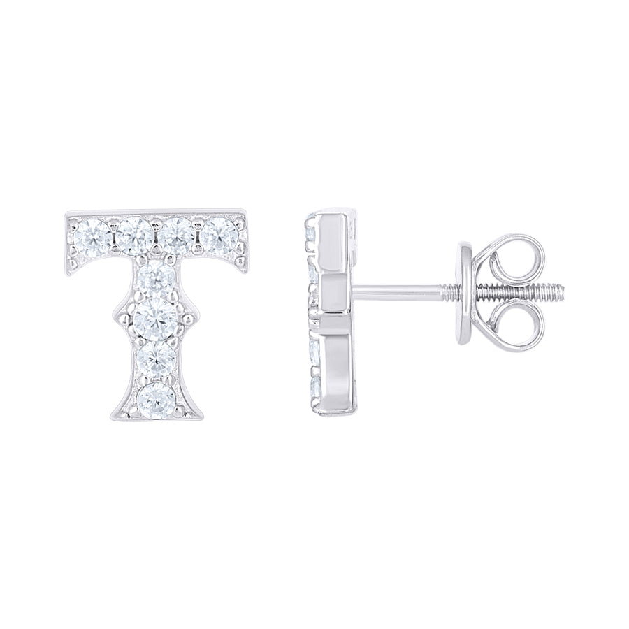 925 Sterling Silver Cz Initial "T" Earrings