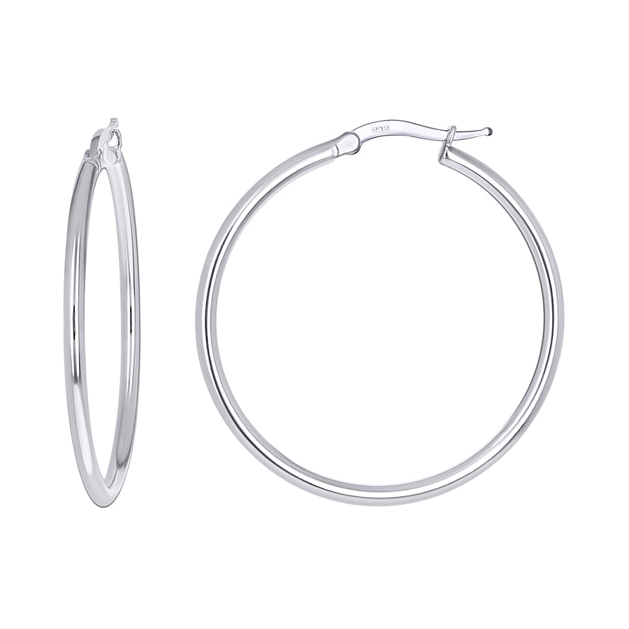 925 Sterling Silver Tube Hoop Earrings 2mm-30-Rhodium