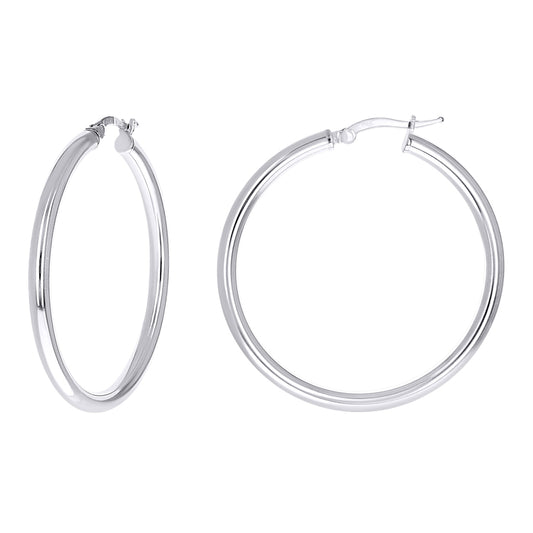 925 Sterling Silver Tube Hoop Earrings 3mm-35-Rhodium