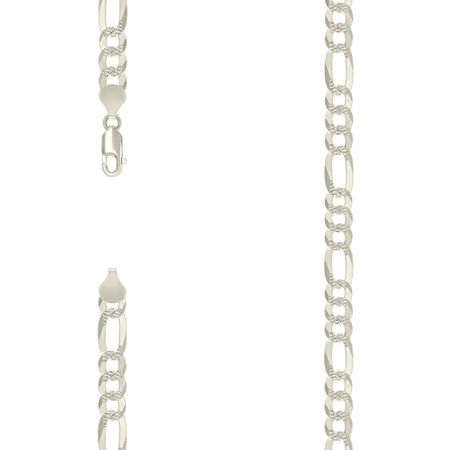 925 Sterling Silver Pave Super Flat Figaro Chain Silver 180 7.7mm